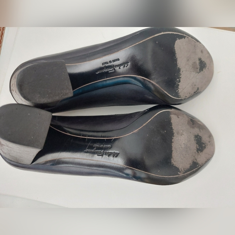 Salvatore Ferragamo Black Heeled Loafers with Gold Accents - Picture 7 of 7
